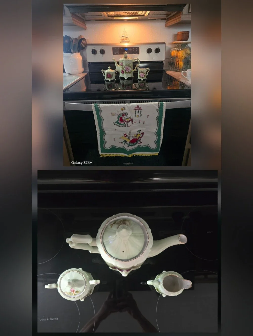 Vintage Lefton Green Heritage Porcelain Tea Set with Handpainted Pink Roses